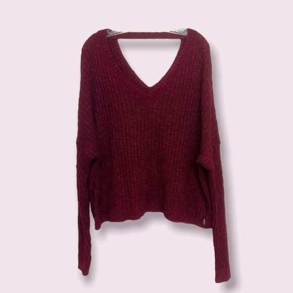 Hollister Knit Sweater Burgundy V Neck Ribbed Open Back Boho Womens Size Medium - Picture 1 of 9